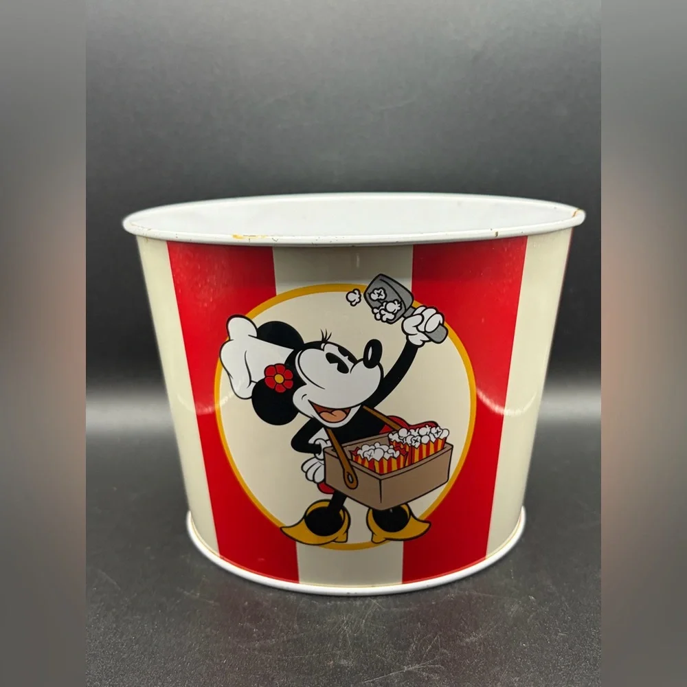 Vintage Disney Minnie Mouse Striped Metal Popcorn Bucket, Disney Collectibles